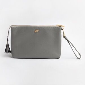 Freshly Picked the classic zip pouch stone gray tassel pebbled faux leather